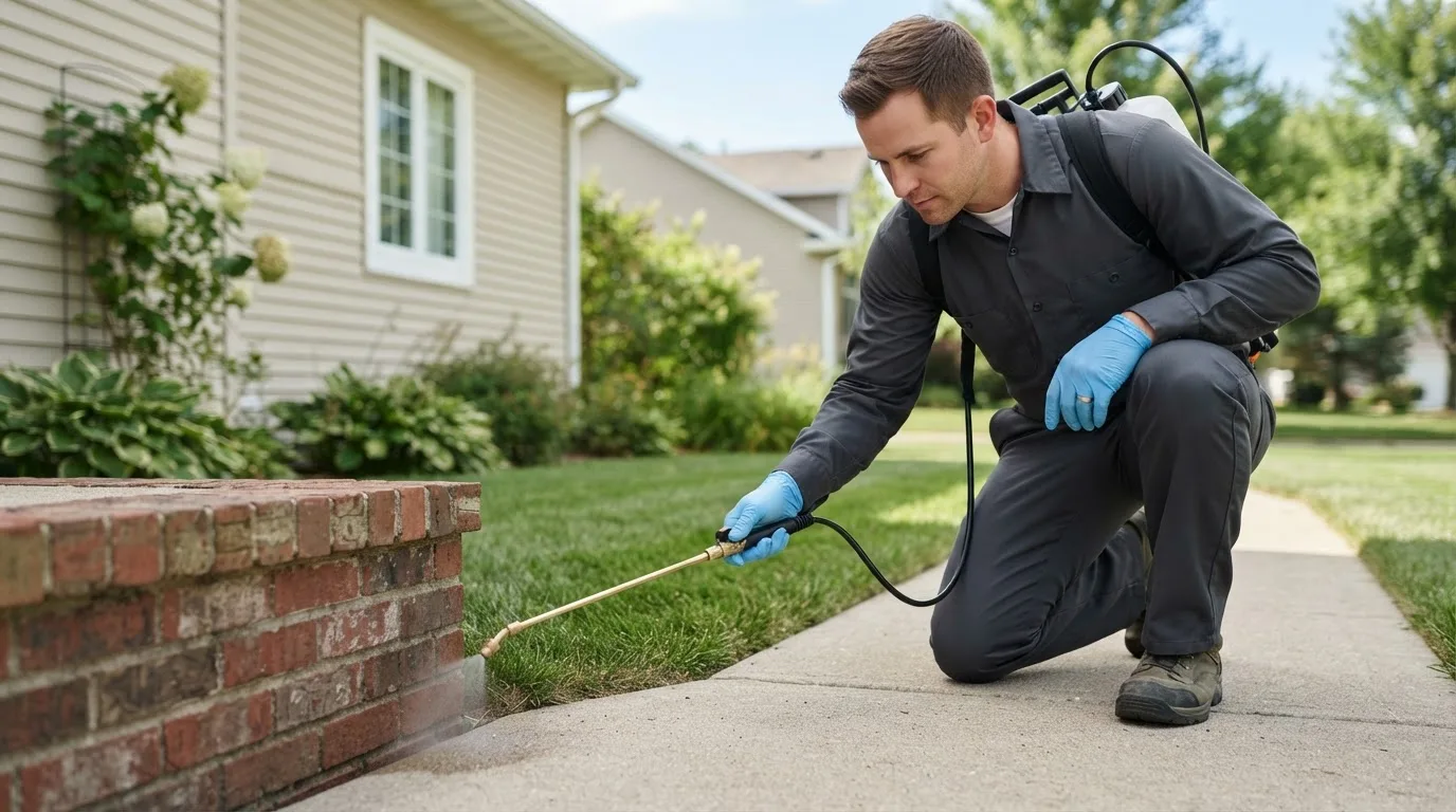 Pest control technician treating a home near Potomac, IL