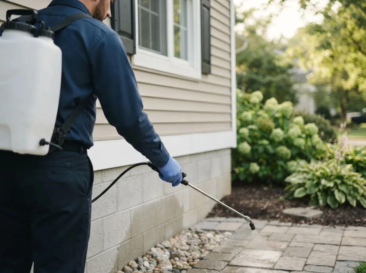 Pest control technician inspecting a home in Potomac, IL